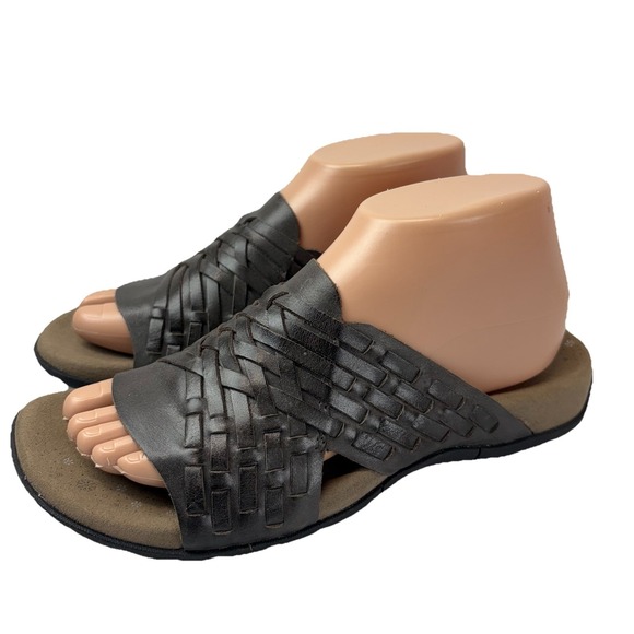 Taos Guru Slide Sandals Womens Size Dark Brown Leather Woven